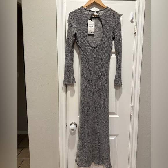 ZARA Pronounced Seam Maxi Dress Women’s Med Grey Stretch Open Back Grunge Gothic - Picture 4 of 11